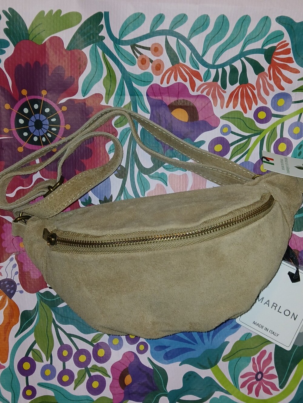 Marlon Italy Firenze Large Suede Belt Bag, Detachable Strap, Champagne